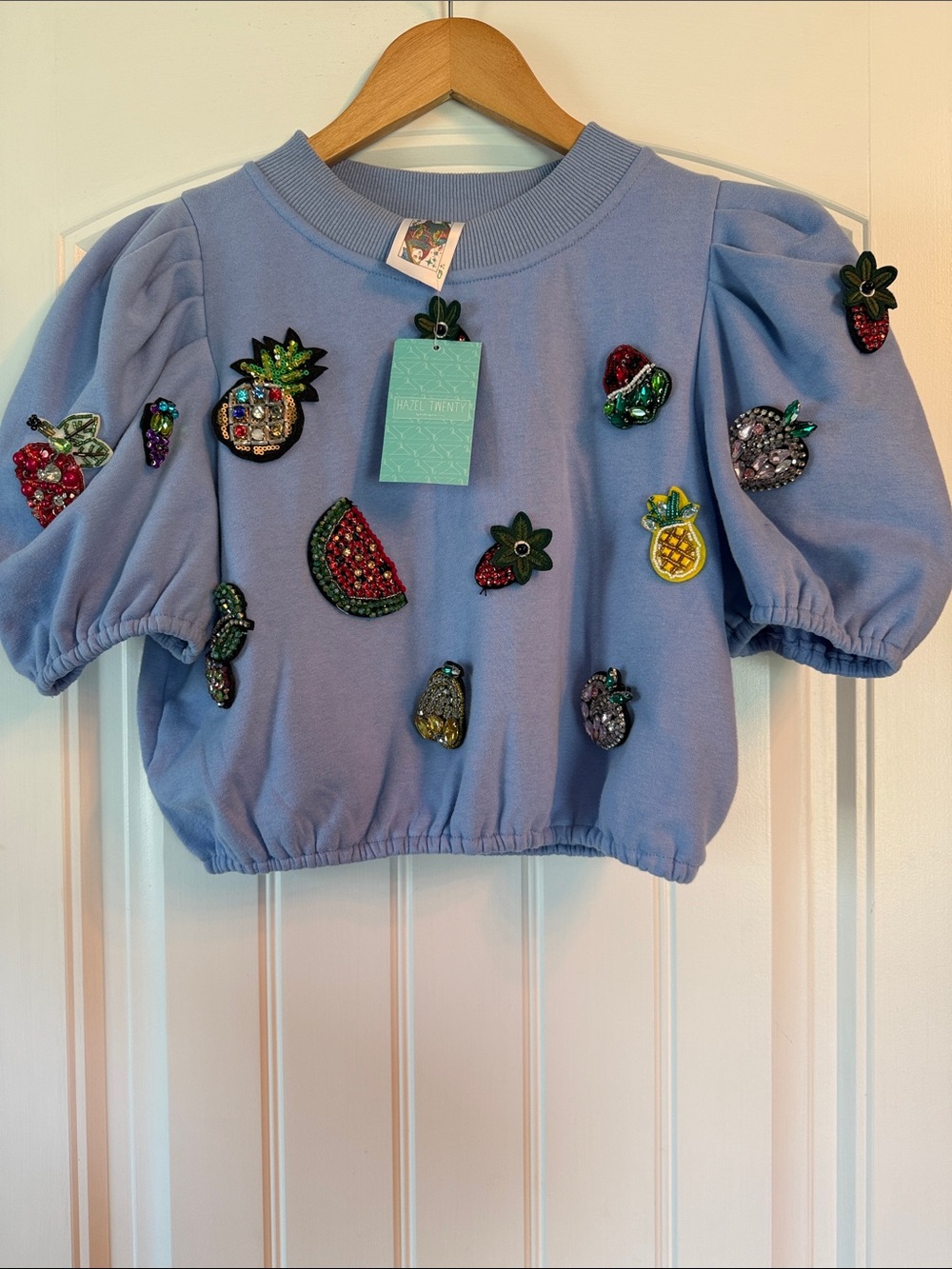 QUEEN OF SPARKLES Isla Fruit Embellished XS Crop Puff-Sleeve Sequin Blue Top